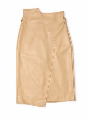 Korean Minimalist Beige Faux Leather Wrap Midi Skirt Size M